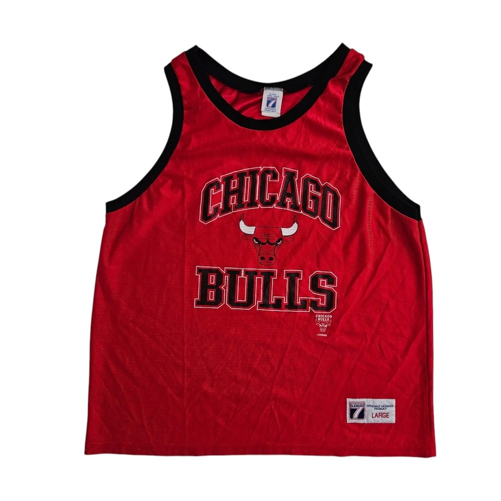 Vintage‎ Logo 7 Mens Large Chicago Bulls Tank Top Basketball Jersey Red USA Made